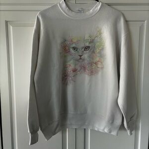 Vintage 80s White Cat Crewneck Sweatshirt Large